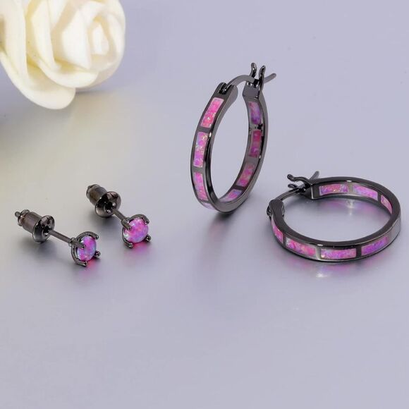 14K Black Gold with Genuine Purple Fire Opal Hoop and Stud Earrings Set of 2 - Picture 3 of 5